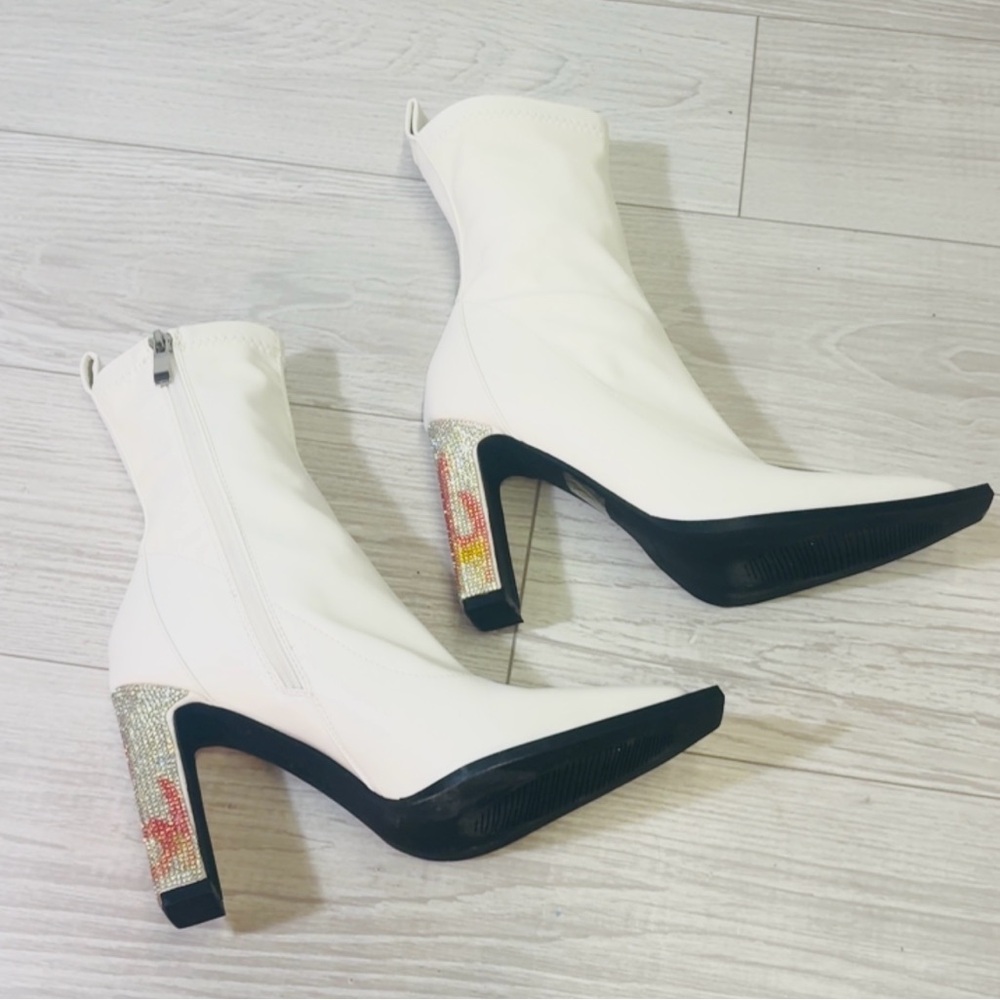 Nasty Gal White Heeled Boots with Multicolor Flame Rhinestone Accent. 3” heel.